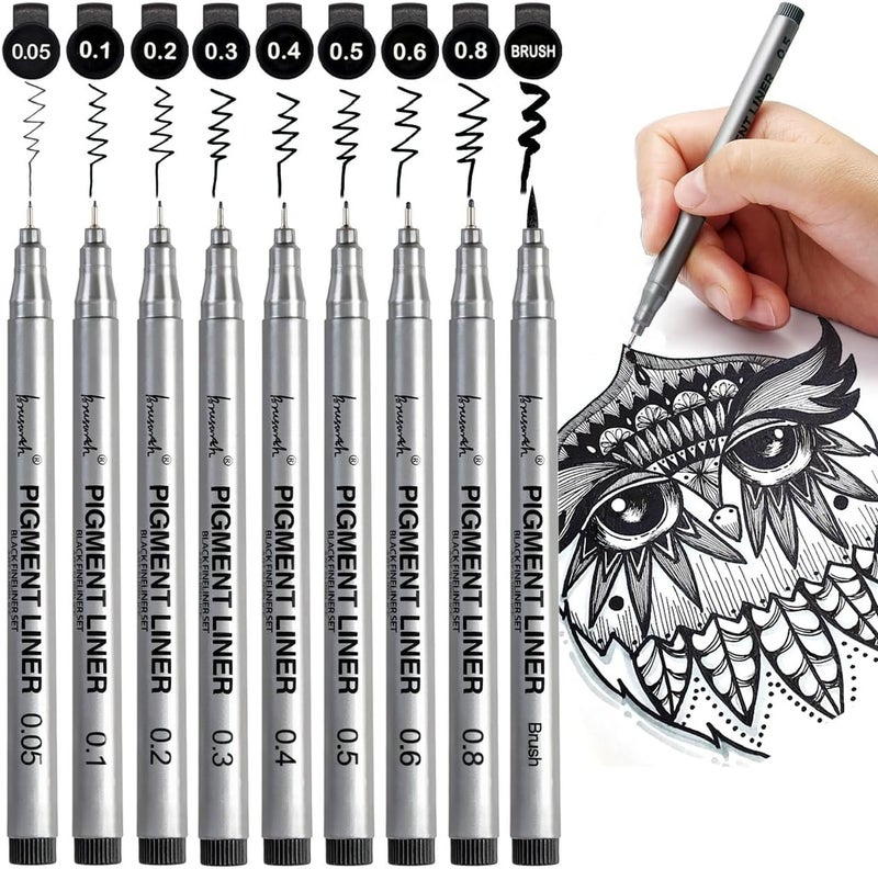 Brusarth Precision Black Micro-Pen Fineliner Ink Pens, Waterproof Archival Ink, Drawing Pen, Artist Illustration Pens, Multiliner, for Art Watercolor, Sketching, Anime, Manga, Design, 9/Set(Black) - Image 1